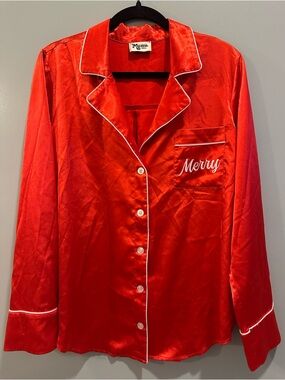 Show Me Your MuMu Holiday Satin Merry Button-Up Pajama Top Size S Red